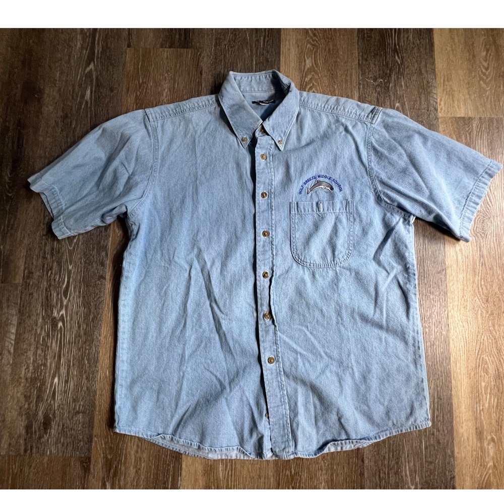 Three Rivers Denim Shirt Mens L Blue Gulf Breeze Middle School Dolphin Embroider